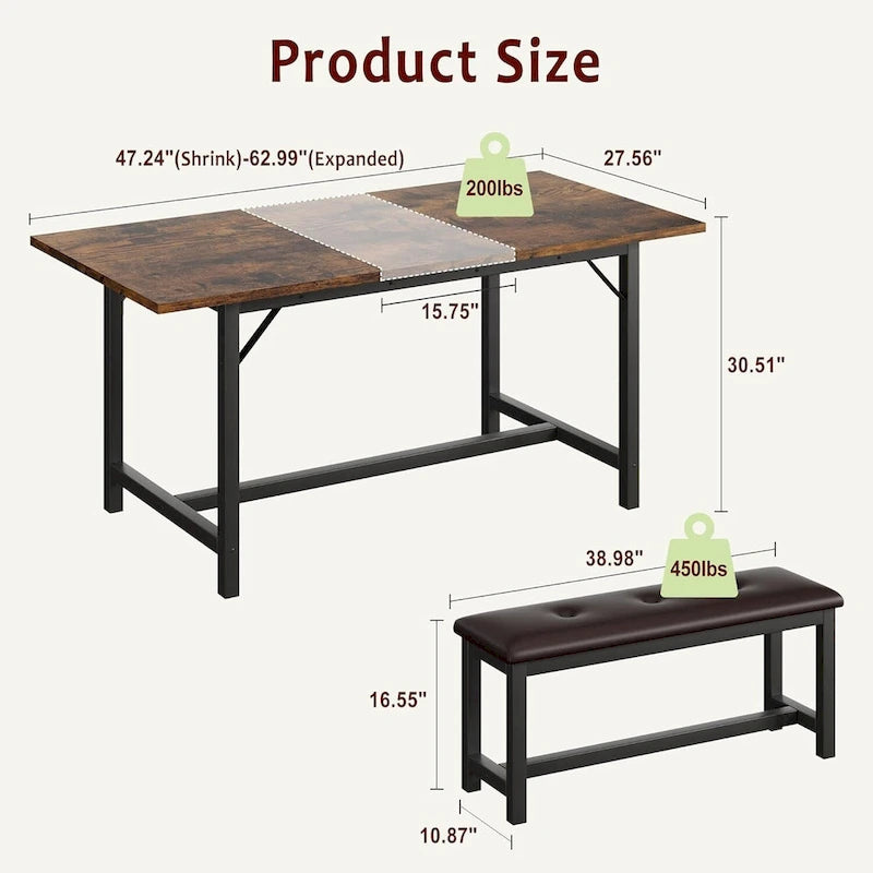 Ensemble de 3 grandes pièces : table de cuisine extensible pour 6 personnes
