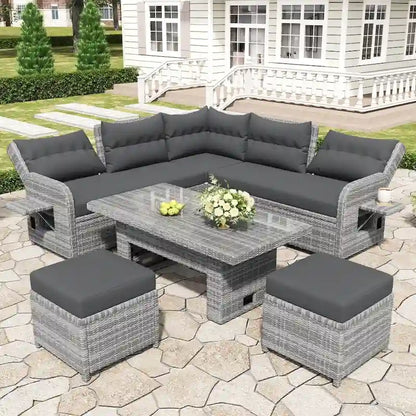 Ensemble de meubles de jardin en rotin avec table réglable, chaises longues et 2 poufs