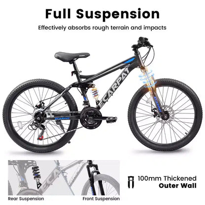 Vélo de montagne Okak 27,5 pouces avec double amortisseur avant et arrière, VTT 21 vitesses avec frein à disque mécanique, vélo adulte pour hommes et femmes