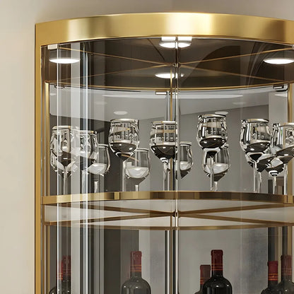 Vitrine d'angle arrondie en métal doré, verre et finition brillante Glam