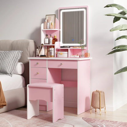 Coiffeuse avec miroir LED intégré et tabouret
