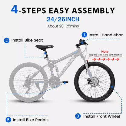 VTT Okak 26 pouces avec freins à disque, vélo adulte 21 vitesses avec cadre durable et double amortissement arrière, vélo pour le cyclisme sur route en ville