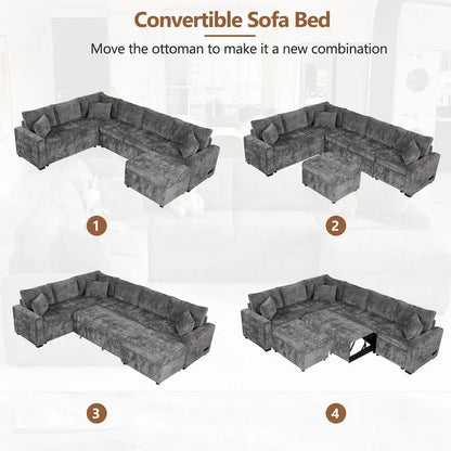 Canapé d'angle en chenille convertible, canapé-lit en forme de L avec pouf de rangement, 3 oreillers et dispositifs de charge