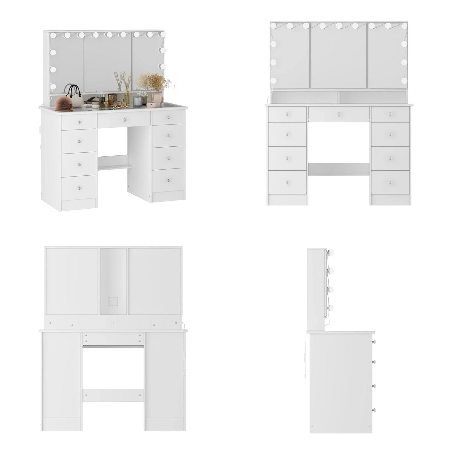 Coiffeuse avec miroir triptyque éclairage certifié et plateau en verre