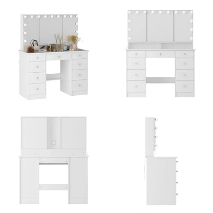 Coiffeuse avec miroir triptyque éclairage certifié et plateau en verre