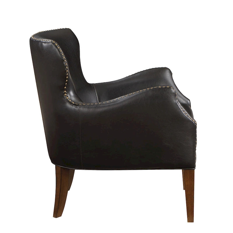 Fauteuil d'appoint dossier haut en similicuir marron, accoudoirs inclinés, une place