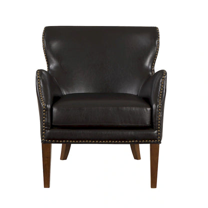 Fauteuil d'appoint dossier haut en similicuir marron, accoudoirs inclinés, une place
