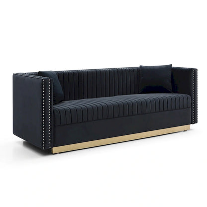 Canapé contemporain en velours capitonné à canal vertical, canapé rembourré moderne pour salon appartement avec 2 oreillers