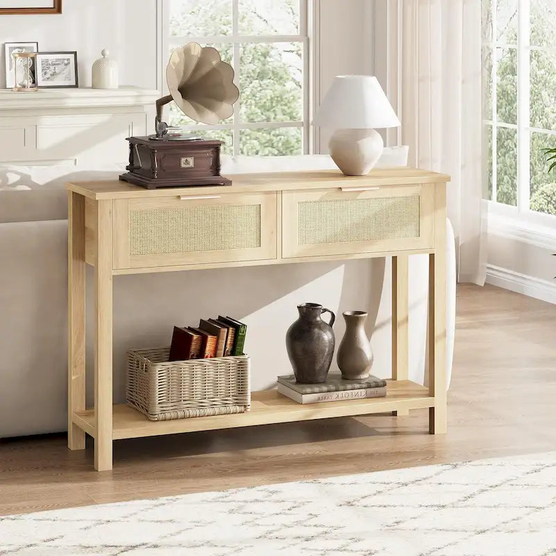 Console 2 tiroirs en rotin naturel et marron, montage par 1 personne