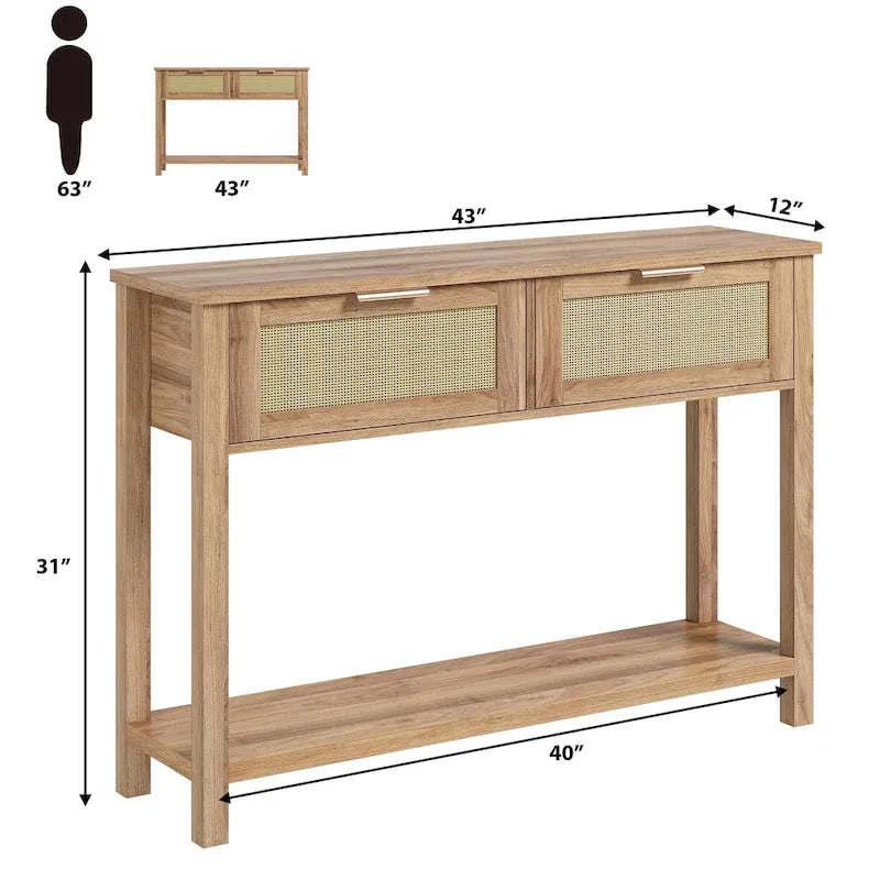 Console 2 tiroirs en rotin naturel et marron, montage par 1 personne