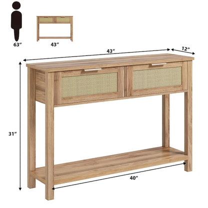 Console 2 tiroirs en rotin naturel et marron, montage par 1 personne