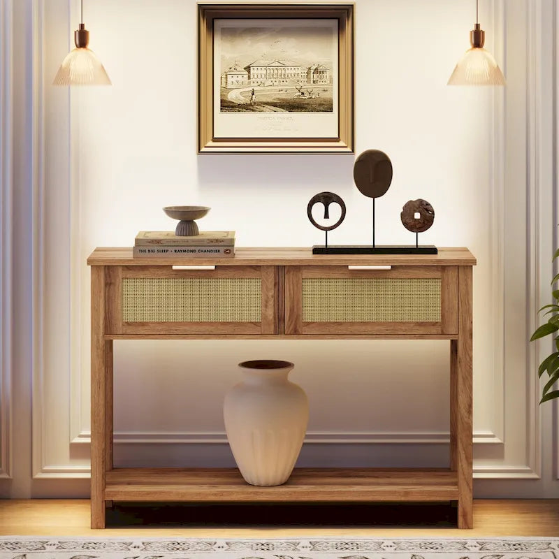 Console 2 tiroirs en rotin naturel et marron, montage par 1 personne