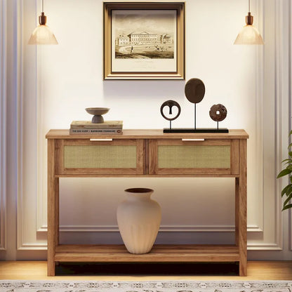 Console 2 tiroirs en rotin naturel et marron, montage par 1 personne