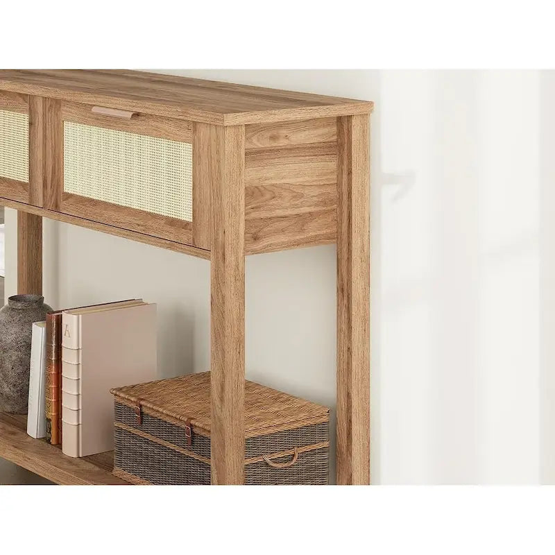 Console 2 tiroirs en rotin naturel et marron, montage par 1 personne
