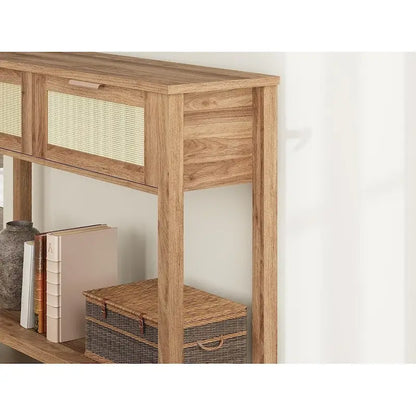 Console 2 tiroirs en rotin naturel et marron, montage par 1 personne