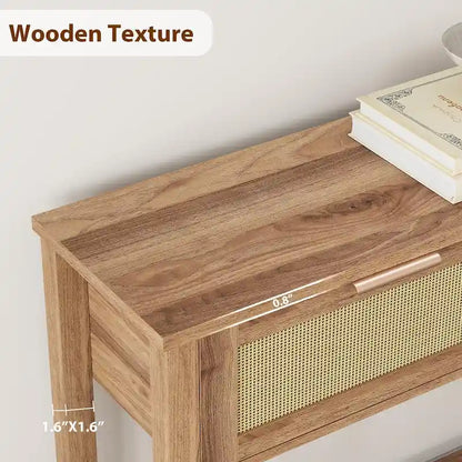 Console 2 tiroirs en rotin naturel et marron, montage par 1 personne