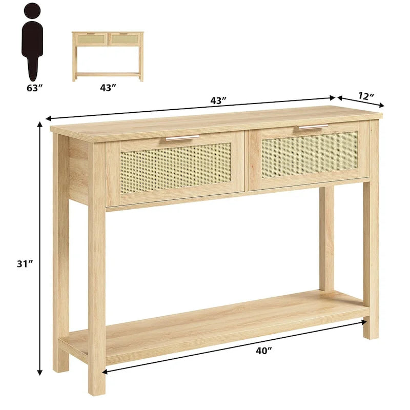 Console 2 tiroirs en rotin naturel et marron, montage par 1 personne