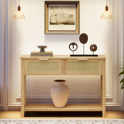 Console 2 tiroirs en rotin naturel et marron, montage par 1 personne