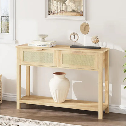 Console 2 tiroirs en rotin naturel et marron, montage par 1 personne