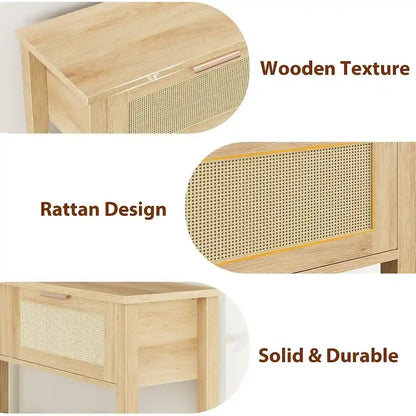 Console 2 tiroirs en rotin naturel et marron, montage par 1 personne