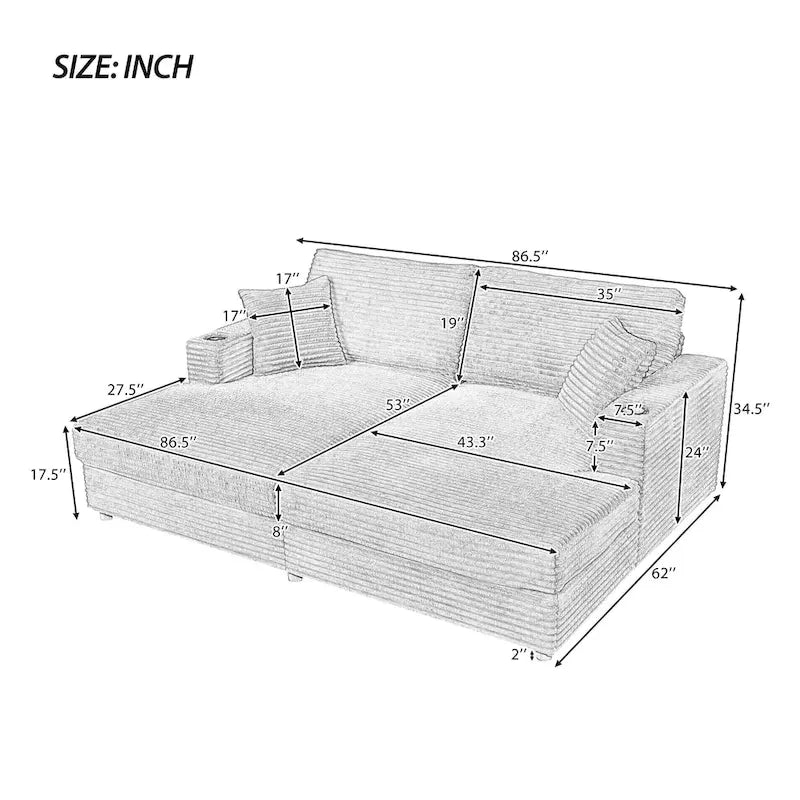 Canapé-lit sectionnel surdimensionné Roomfitters avec chaise longue, en velours côtelé avec ports USB et porte-gobelets