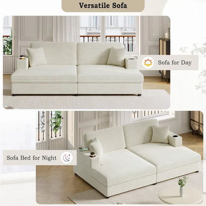 Canapé-lit sectionnel surdimensionné Roomfitters avec chaise longue, en velours côtelé avec ports USB et porte-gobelets