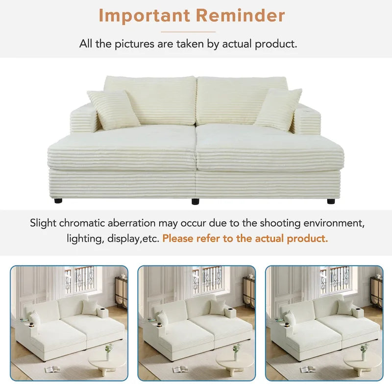 Canapé-lit sectionnel surdimensionné Roomfitters avec chaise longue, en velours côtelé avec ports USB et porte-gobelets