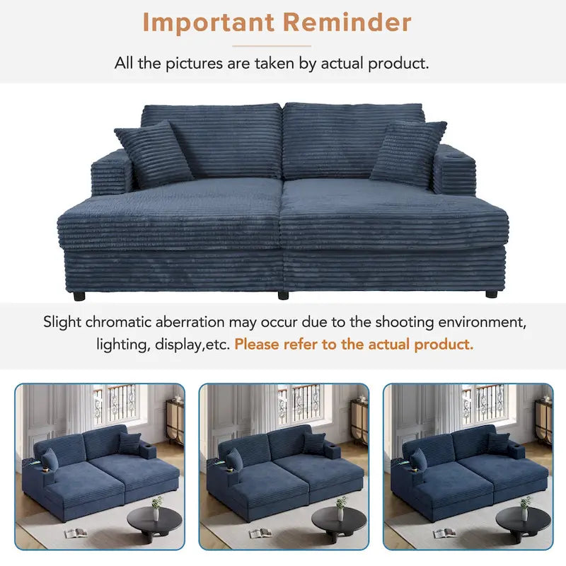 Canapé-lit sectionnel surdimensionné Roomfitters avec chaise longue, en velours côtelé avec ports USB et porte-gobelets