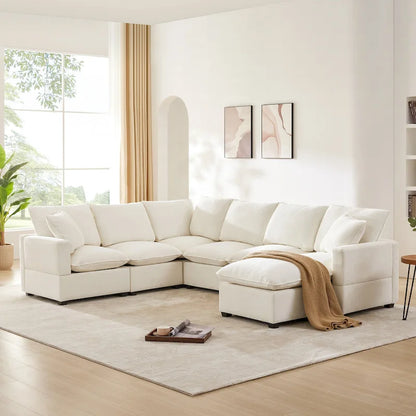 U Shape Modular Sofa, 7 Seat Chenille Sectional Upholstered Couch Set