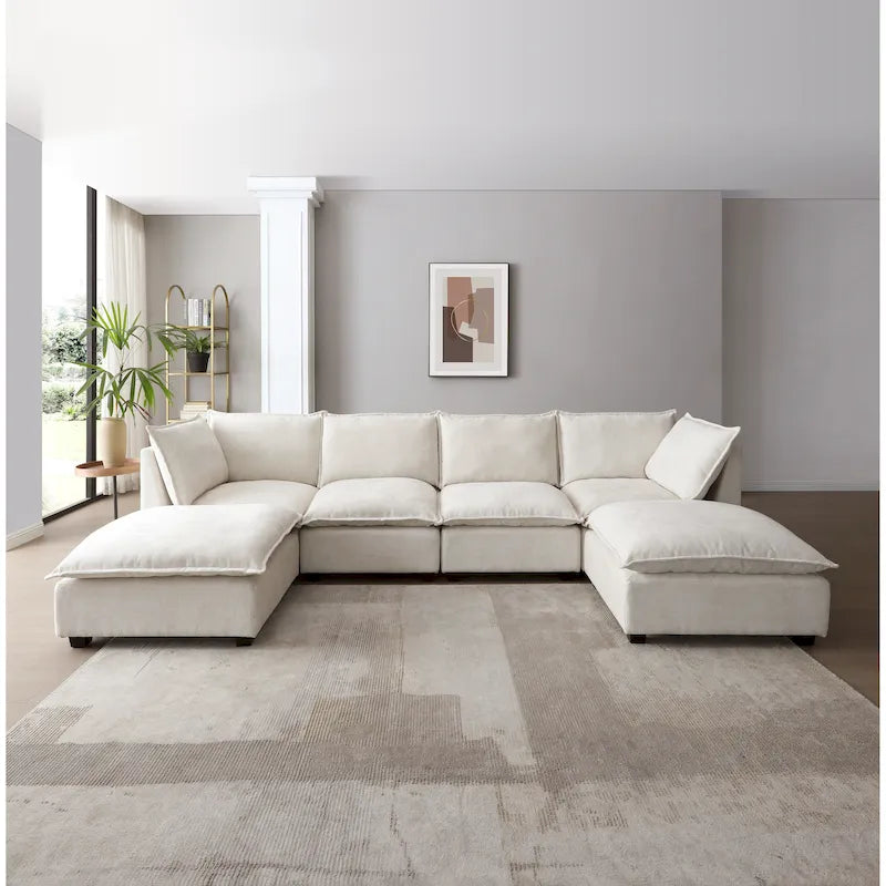 Canapé d'angle modulable 6 places en forme de U beige avec pouf