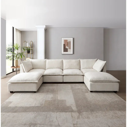 Canapé d'angle modulable 6 places en forme de U beige avec pouf
