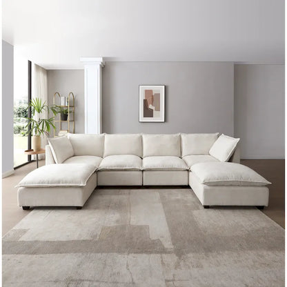 Beige 130 U-Shaped Customizable 6-Seat Modular Sectional Sofa with Convertible Ottoman and Versatile Assembly Options