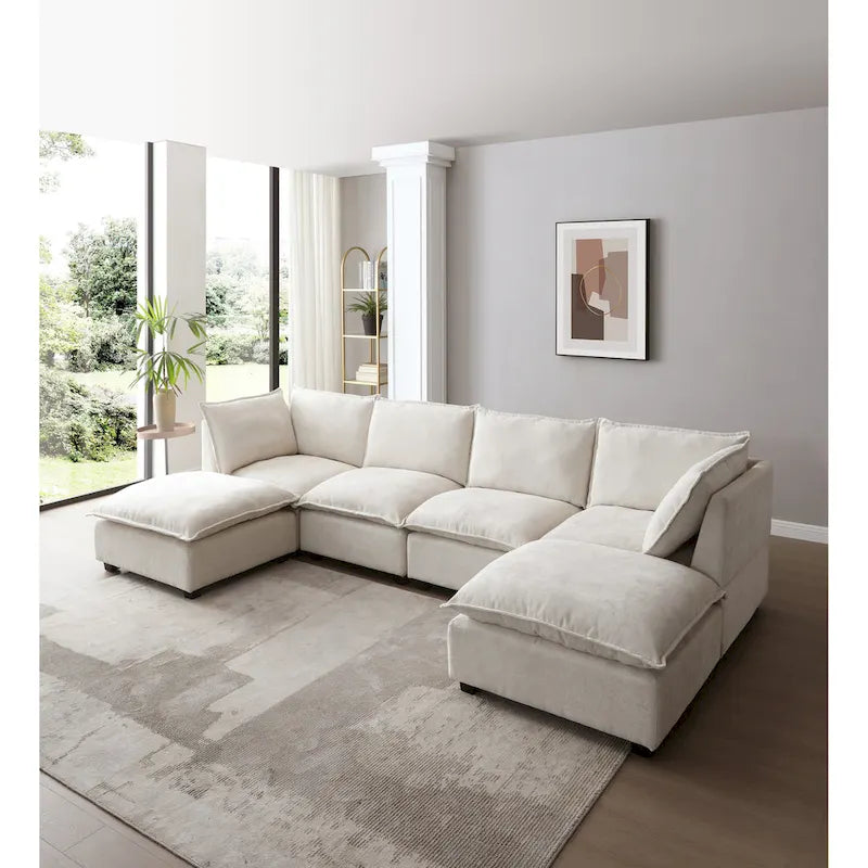 Canapé d'angle modulable 6 places en forme de U beige avec pouf