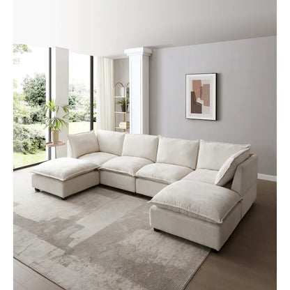 Canapé d'angle modulable 6 places en forme de U beige avec pouf