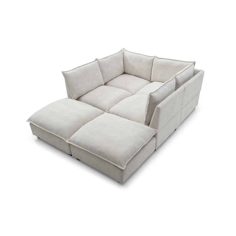 Canapé d'angle modulable 6 places en forme de U beige avec pouf