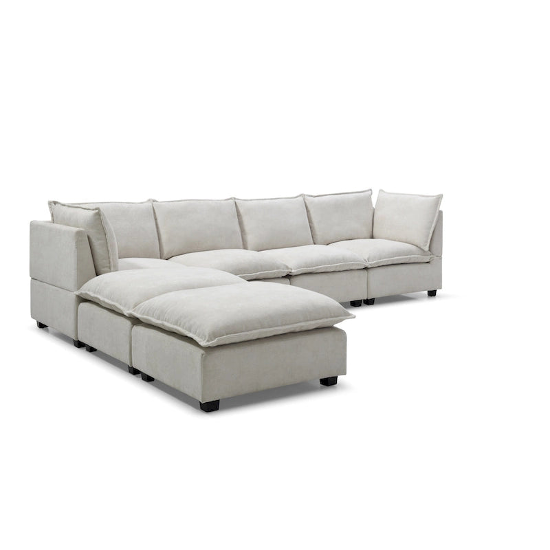 Canapé d'angle modulable 6 places en forme de U beige avec pouf