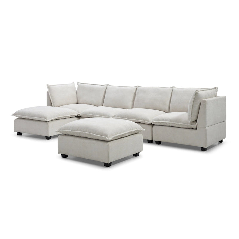 Canapé d'angle modulable 6 places en forme de U beige avec pouf