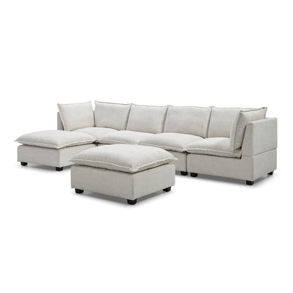 Canapé d'angle modulable 6 places en forme de U beige avec pouf