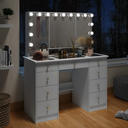 Coiffeuse avec miroir triptyque éclairage certifié et plateau en verre