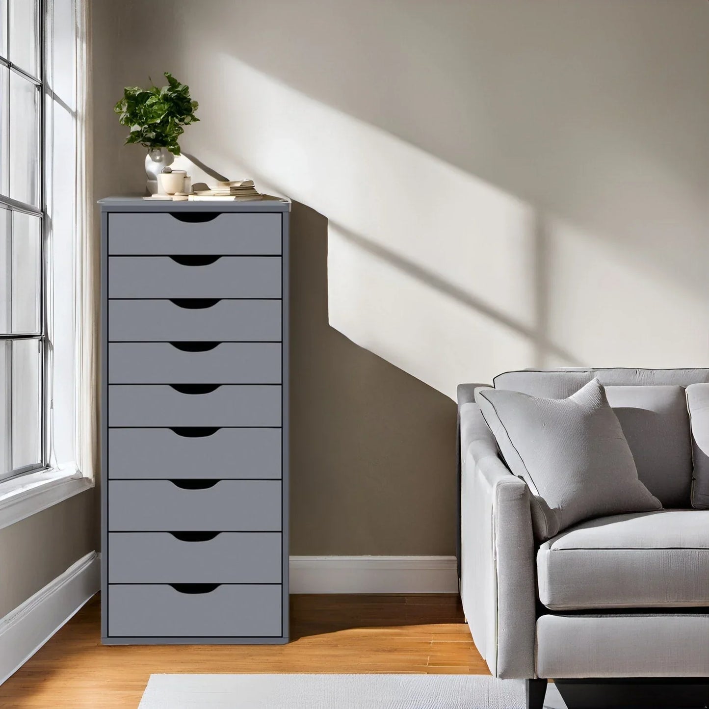 Étroite commode en bois à 9 tiroirs coulissants et étagère de rangement supérieure