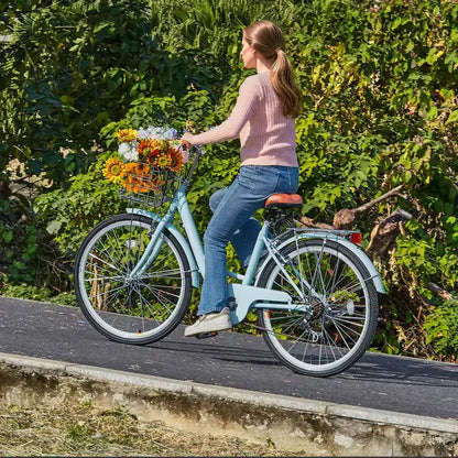 Vélo de croisière VEVOR, 7 vitesses, 26 pouces, bleu clair, avec grand panier et porte-bagages arrière, vélo de croisière sûr et robuste, bleu clair