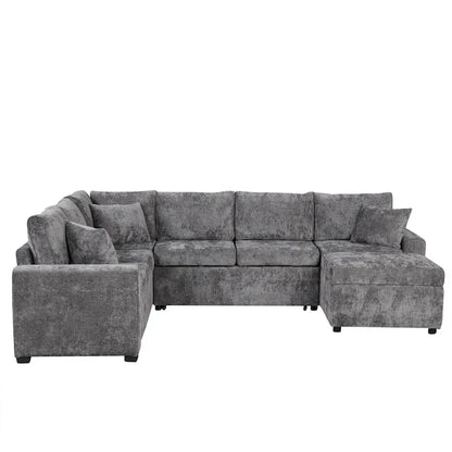 Canapé d'angle en chenille convertible, canapé-lit en forme de L avec pouf de rangement, 3 oreillers et dispositifs de charge