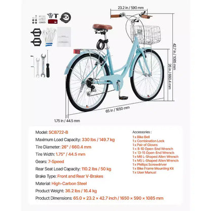 Vélo de croisière VEVOR, 7 vitesses, 26 pouces, bleu clair, avec grand panier et porte-bagages arrière, vélo de croisière sûr et robuste, bleu clair