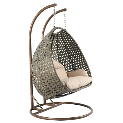 LeisureMod Fauteuil suspendu œuf 2 places avec support - Balançoire / hamac de patio en rotin osier pour extérieur/intérieur avec coussins