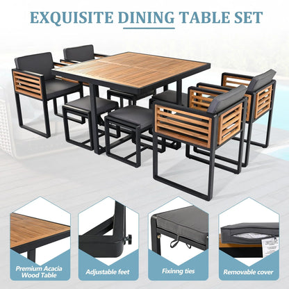Ensemble de salle à manger d'extérieur 18 pièces en bois d'acacia, 8 chaises rembourrées, 8 poufs et 2 tables carrées