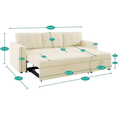 Canapé d'angle réversible convertible avec lit gigogne, méridienne de rangement et pieds durables