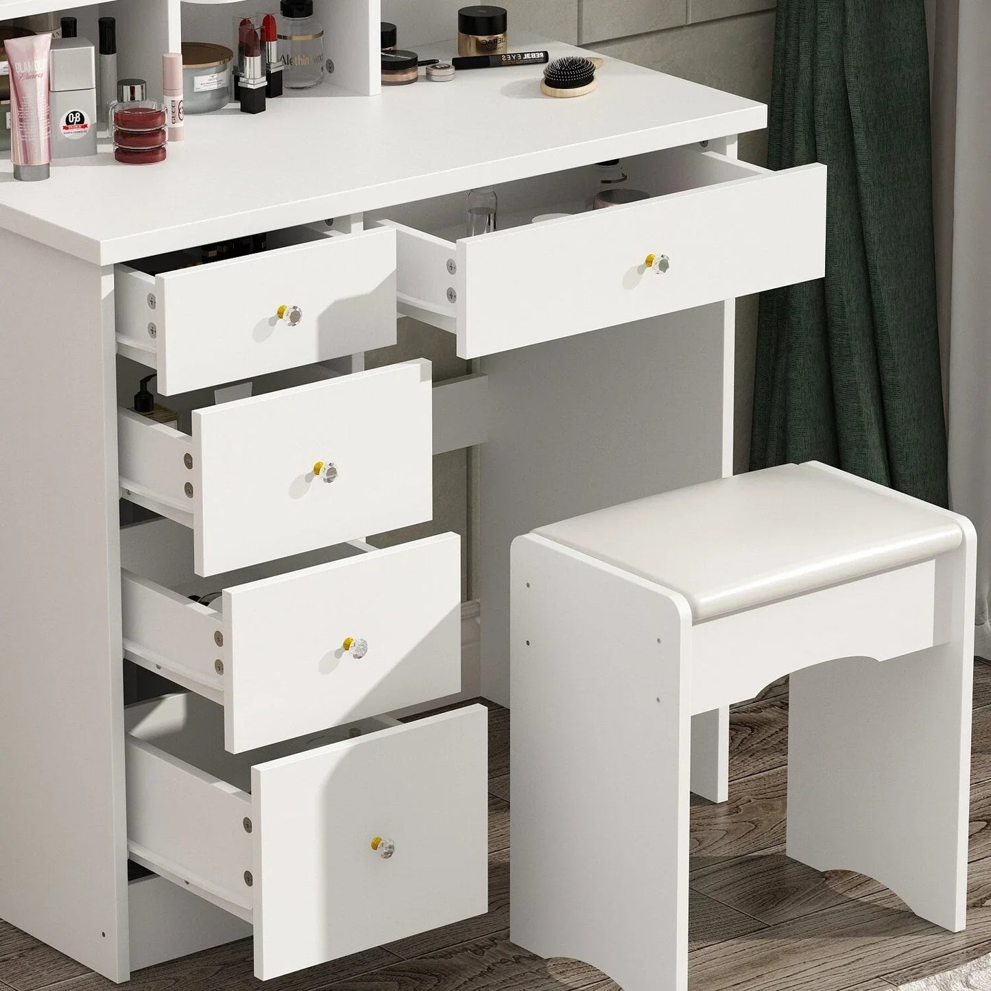 Coiffeuse avec miroir LED intégré et tabouret