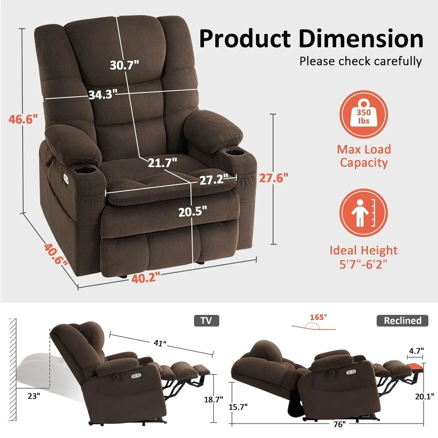 Fauteuil inclinable électrique double moteur grand et large MCombo avec massage et double chauffage pour personnes âgées de grande taille, tissu R7635