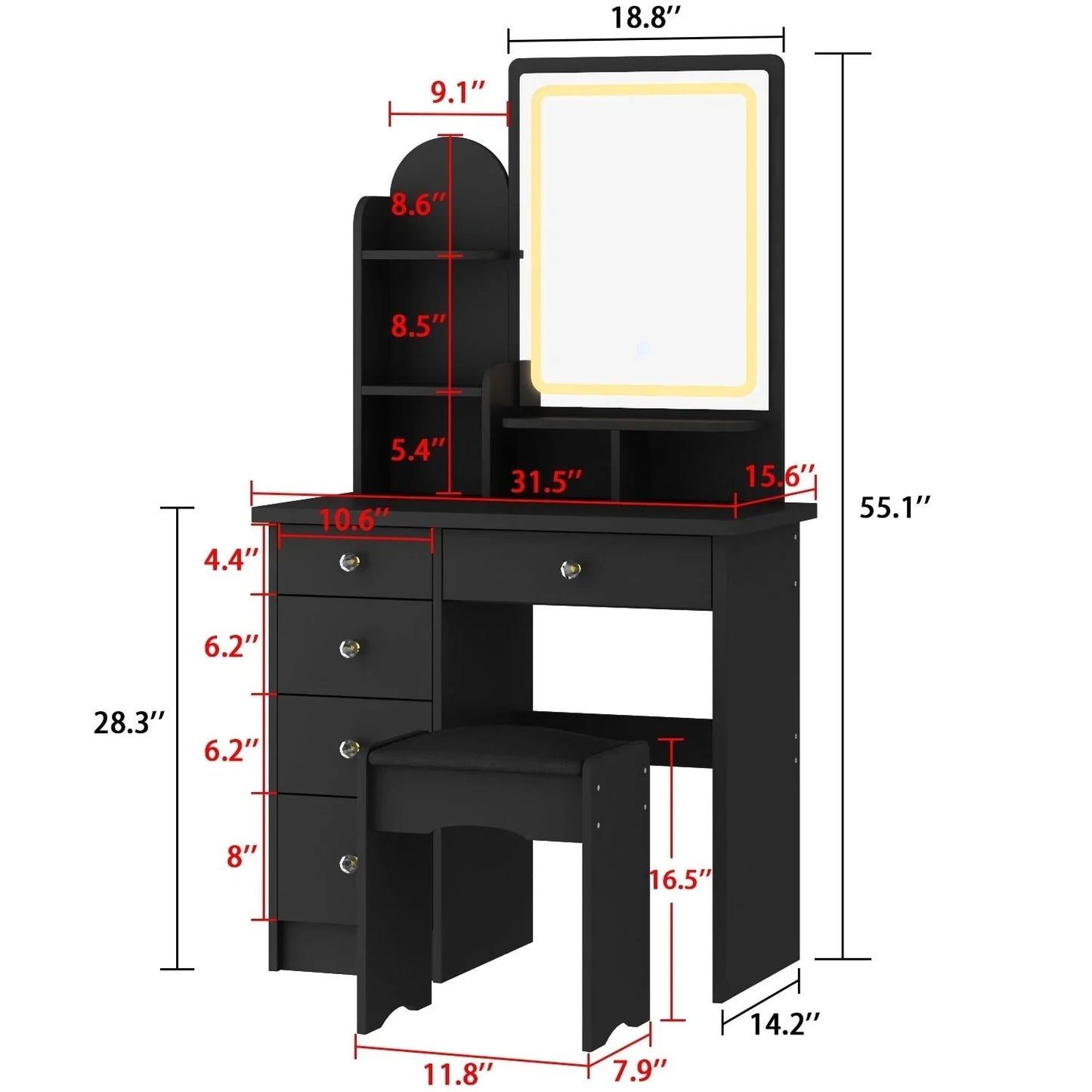 Coiffeuse avec miroir LED intégré et tabouret