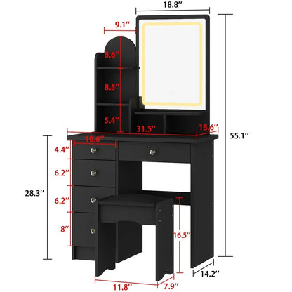Coiffeuse avec miroir LED intégré et tabouret